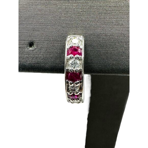 Shane Co. 14K White Gold Diamon & Red Stone Mini Hoop Earrings (16204) - Picture 5 of 16